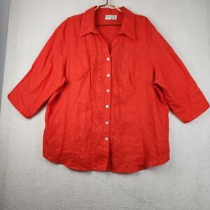 Alexandra Bartlett Womens Size 3X Red Button Down Floral Embroidered Linen Top
